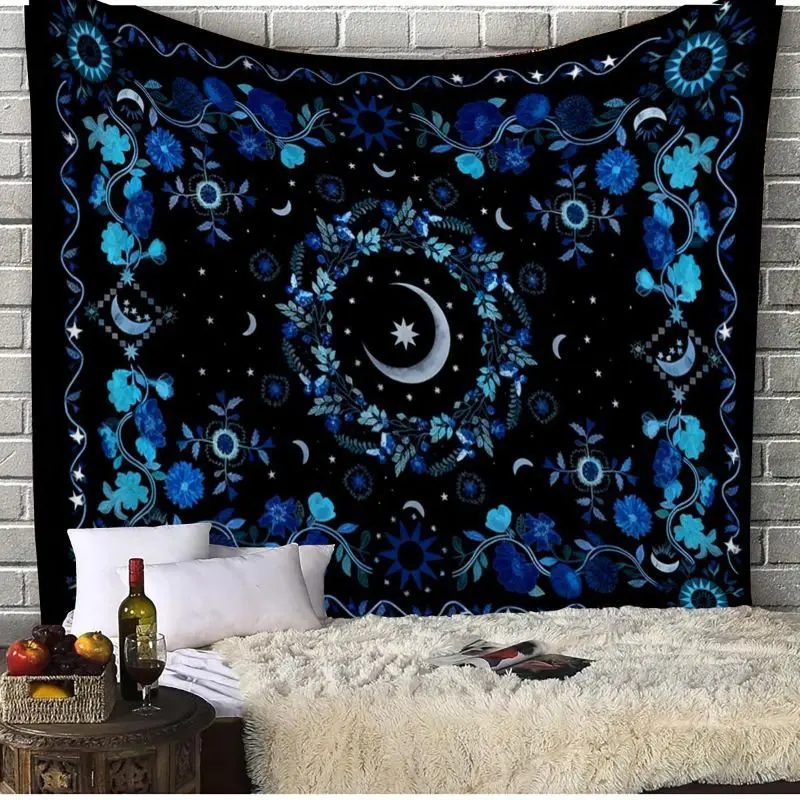 VIKAMA Dark Blue Mandala Butterfly Tapestry Wall Hanging Purple Moon Phases Neon Celestial Aesthetic Wall Art Bedroom Dorm Decor