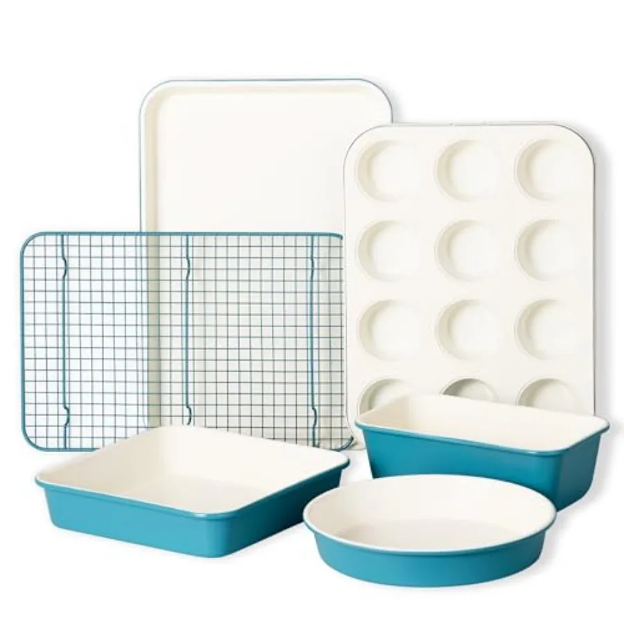 

CAROTE 6-Piece Nonstick Ceramic Baking Pans Set - Bakeware Sets Including Cookie Sheets for Baking Muffin Pan Bread Pan Cake pa