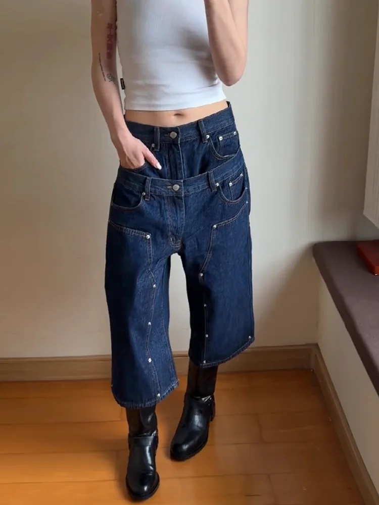 Sweet Cool Spicy American Style Seven-Foot Denim Jeans Women Summer Loose Slimming Layer Straight Leg Wide Leg Mid-Pants
