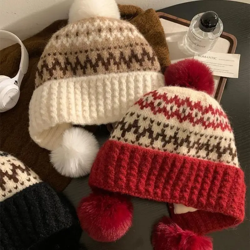 Women Winter Hat - Thickened Warm Beanie With Ear Protection Cold Proof Knitted Cap For Christmas Gifts Red Grey