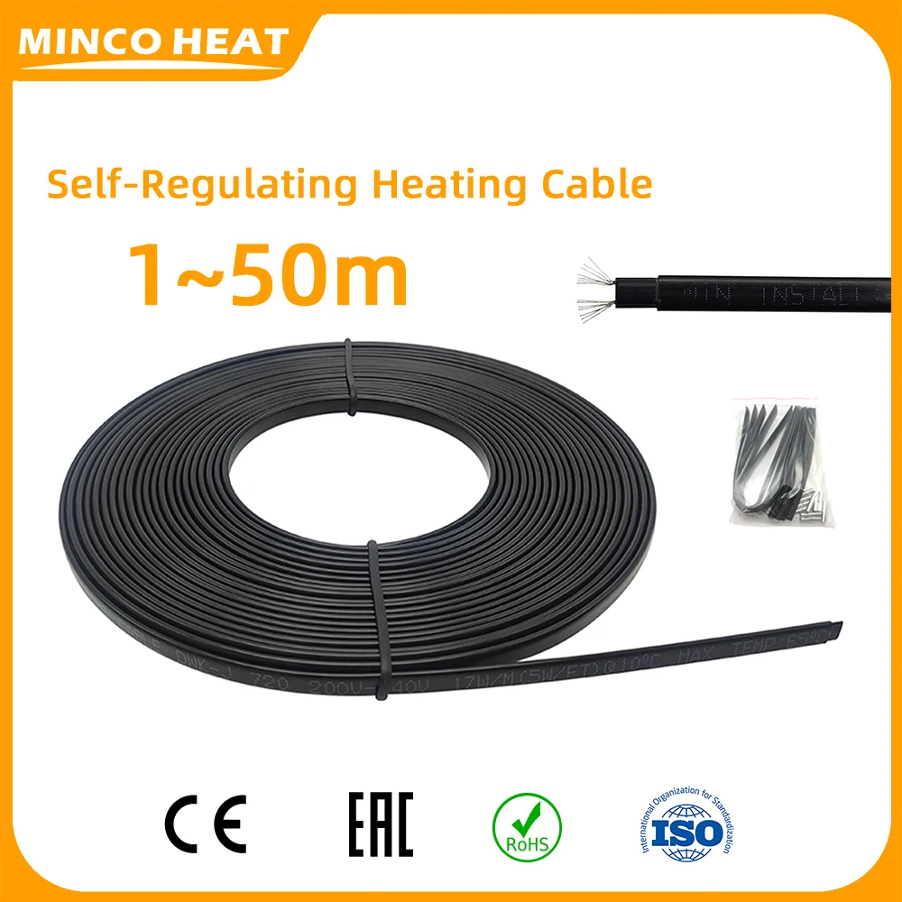 Minco Heat 1~50m 220-240V Water-proof Self Regulating Heating Cable 65°C Prevent Pipe Freeze Heat for Snow Melting in Roof Pipes