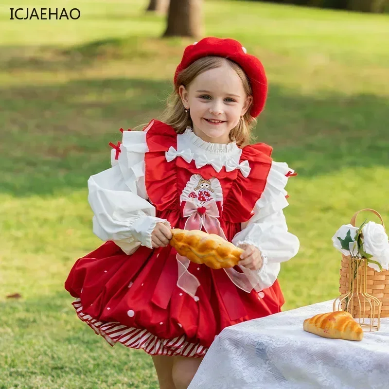 2025 Girls Lolita Group Children Spring Red Dresser with Hat Set Cartoon Mushroom Clothes Kids Party One-Piece Costume for Eids