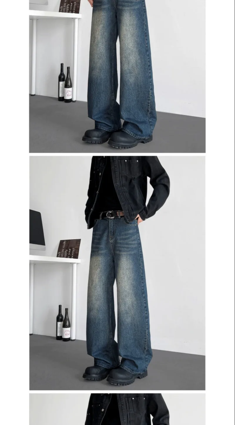 Herren Vintage Gewaschene Weite Jeans mit Hoher Taille, Lose Baggy Denim-Hose, Schwer Fallend, Lässiger Amerikanischer Streetwear-Stil, Lange Freizeithose – Detail 6