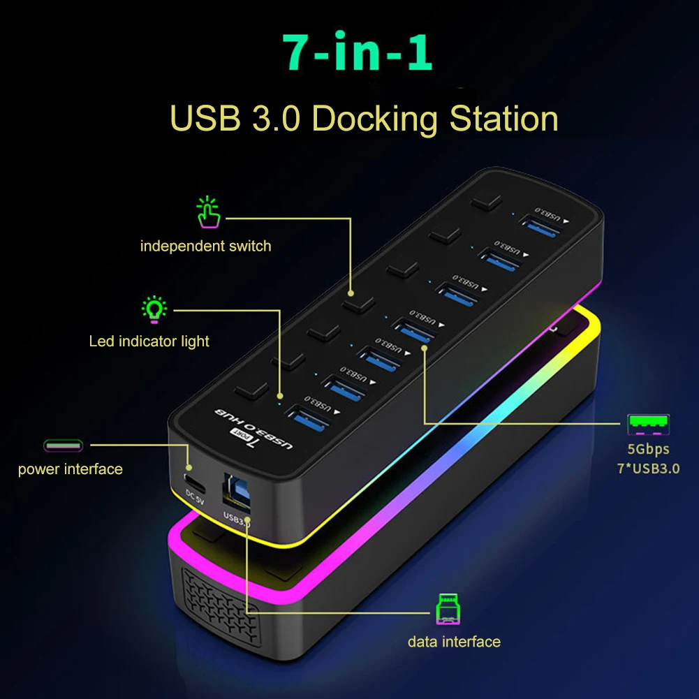 USB 3.0 Power Adapter 7 Ports Multi USB Splitter Hub USB Hub 2.0 USB Multiple Expander With Backlit 5Gbps Docking Station