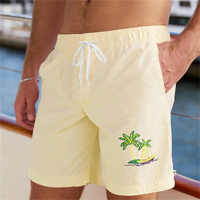 Hawaiian Tropical Plants Men's Shorts Fashion Casual Drawstring Waist Pockets Beach Vacation Daily Outfit Summer Swim Trunk New