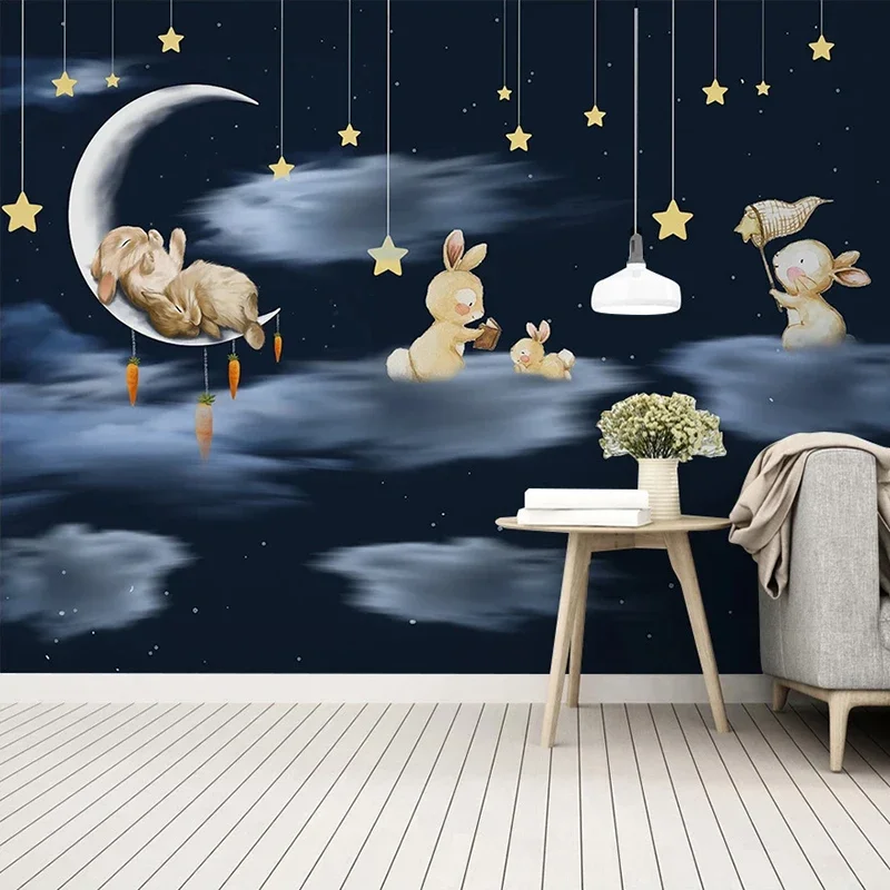 Custom Mural Mediterranean Style Cartoon Rabbit Moon Star Night Sky Children Room Boy Bedroom Decoration Wallpaper For Kids  Art