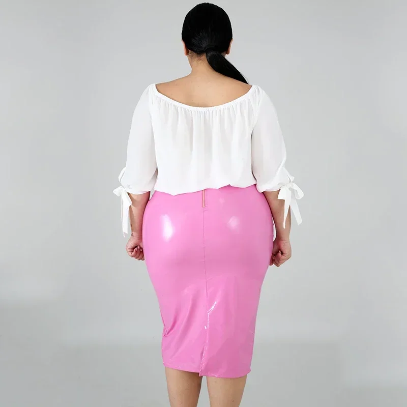 Rok lateks imitasi pinggang tinggi wanita ukuran besar kulit PU rok Midi ritsleting belakang rok elastis Bodycon Wanita terpisah 7XL kustom