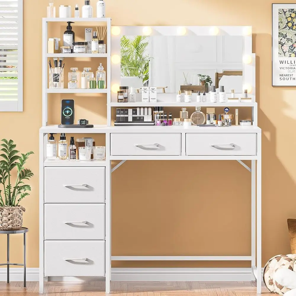 

White Makeup Vanity Desk with Mirror, Lights, Fabric Drawers, Open Shelves & Charging Station