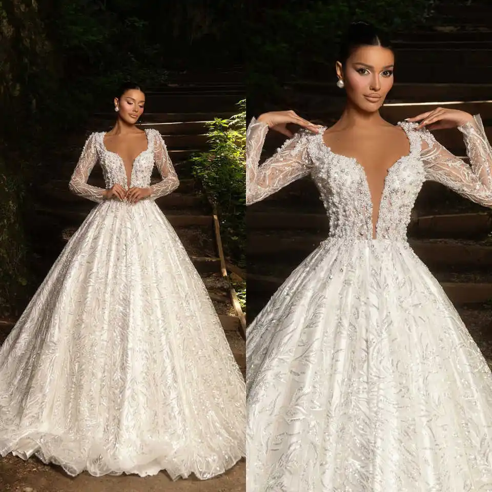 

Gorgeous A Line Bride Gown Square Neck Long Sleeve Pearls Wedding Dress Sequin Beaded Sweep Train Lace Bridal Dresses Customized