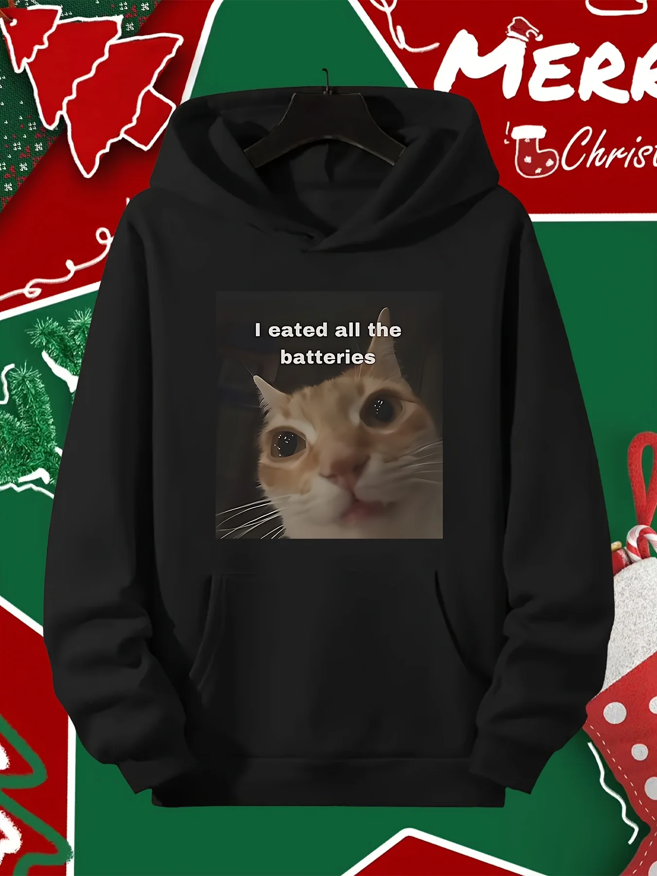 Humorous Hoodie Featuring A Funny Emoji about Eating Batteries, Perfect for Cat Lovers. Comfortable and Casual, This Unisex Jumper Is Machine Washed, Suitable for All Seasons and Made of Soft Fabric.