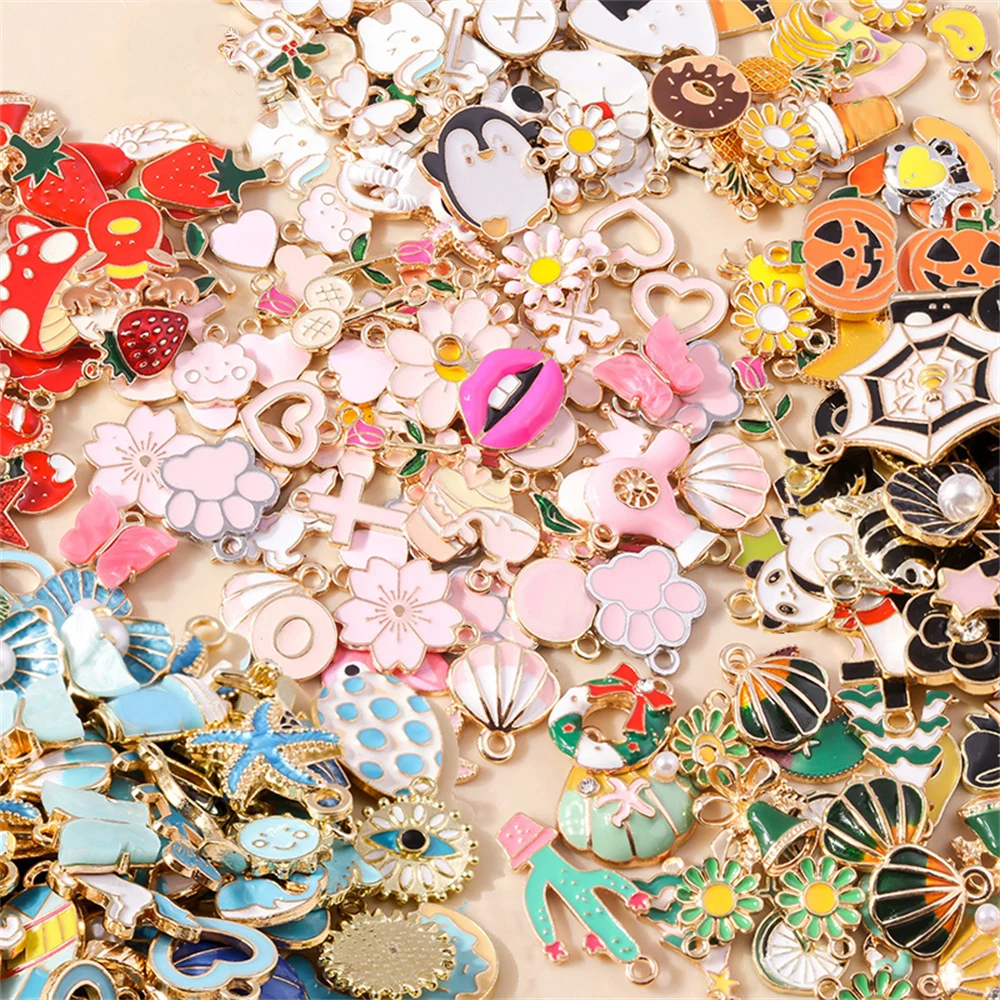 Leslie 30 Stück Mix bunte Emaille-Tier-Anhänger, Blumen-Herzen, Charms für Ohrringe, Halskette, DIY-Armband, handgefertigte Schmuckherstellung – Detail 5