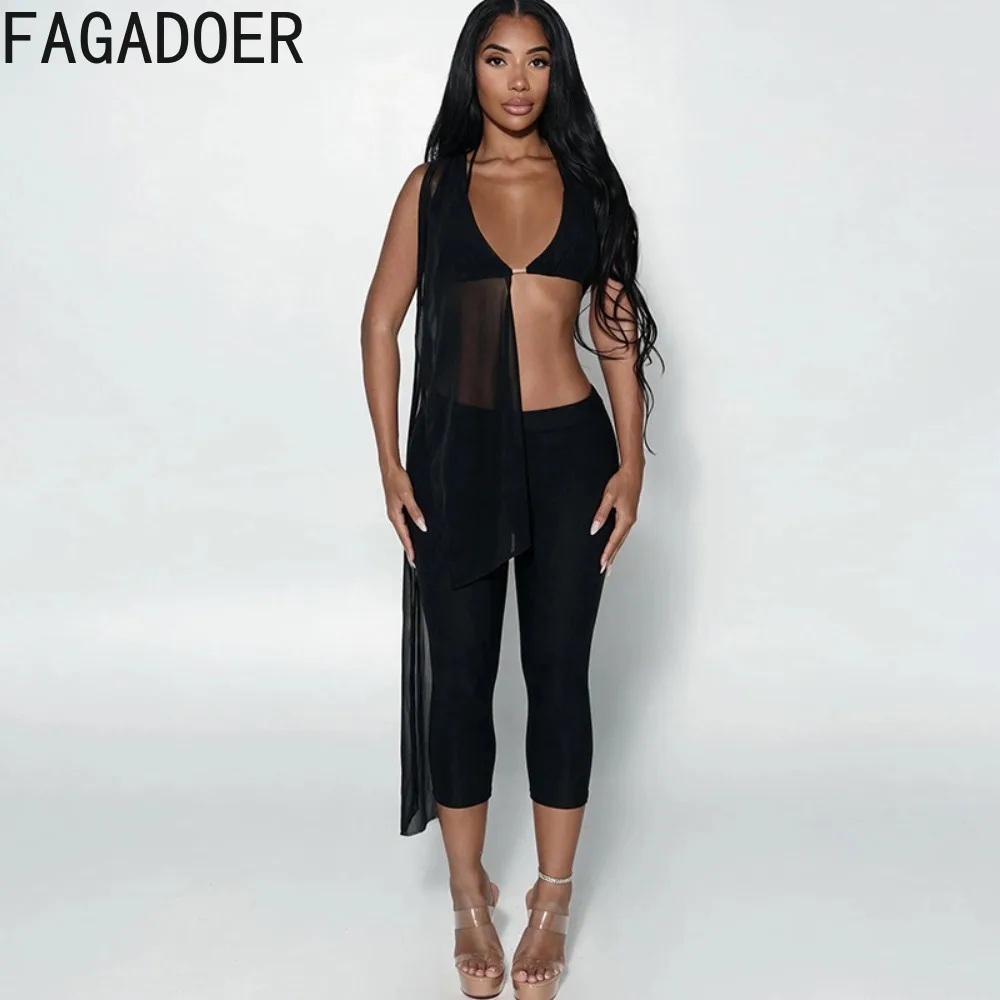 FAGADOER Women Sexy Mesh 2 Piece Outfit Sheer Patchwork Sleeveless Top Cropped Capri Pants Summer Club Party Matching Set New