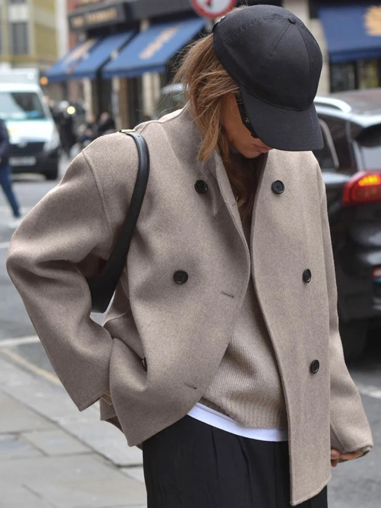 

New Autumn Winter Suit Women's Clothing Winter Coat Brown French Style V-neck Double-breasted Woolen Jacket European American