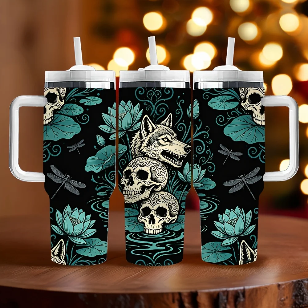 40oz Insulated Tumbler with Handle, Printed with Wolf Skulls for Lotus And Dragonflies, Great Holiday Birthday Gift, Suitable for Daily Use And Outdoor Activities, Keeps Drinks Warm Or Cold for Long Time