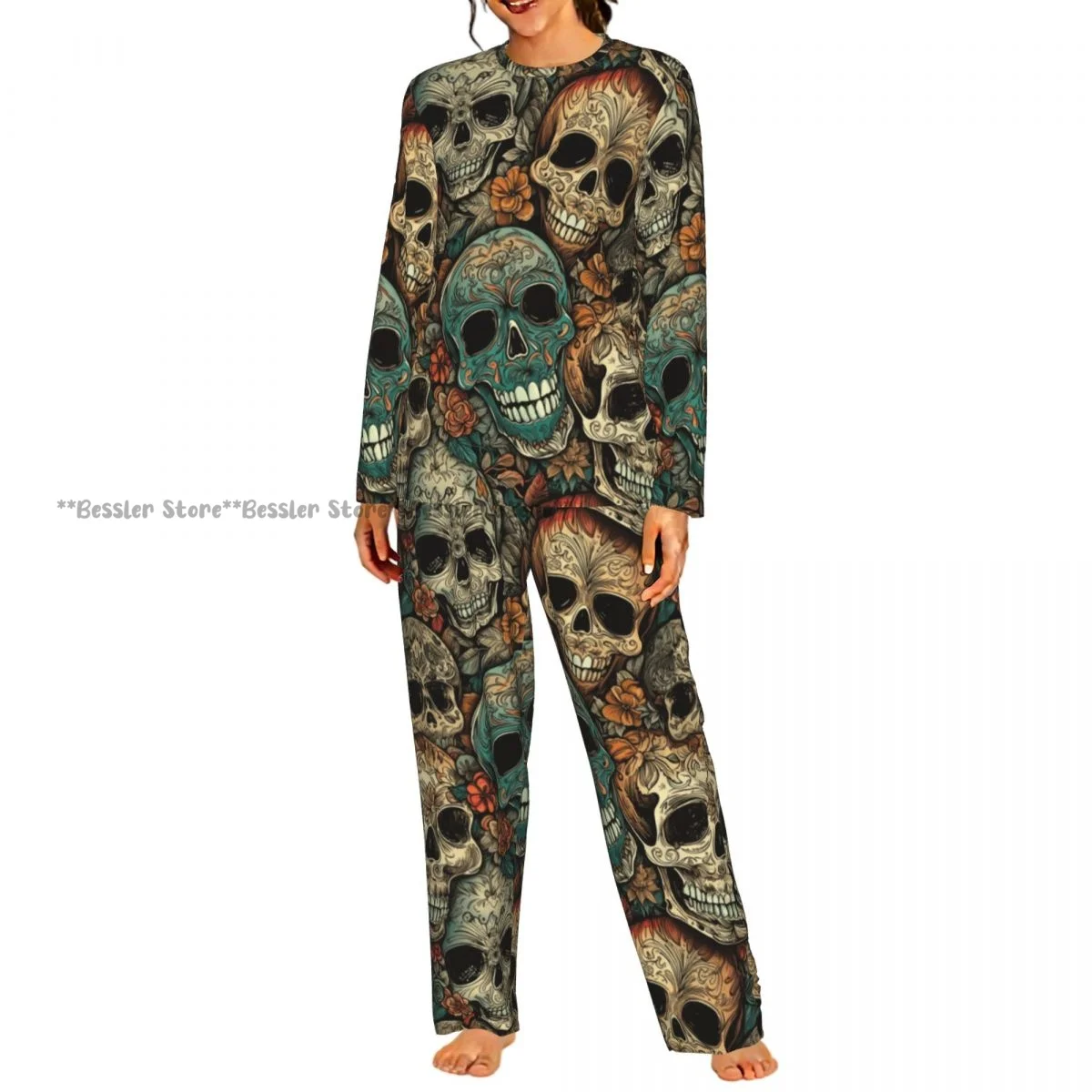 2 Piece Women Round Neck Pajamas Set Long Sleeve Long Pants Skulls Vintage Print Homewear Casual Daily Sleepwear