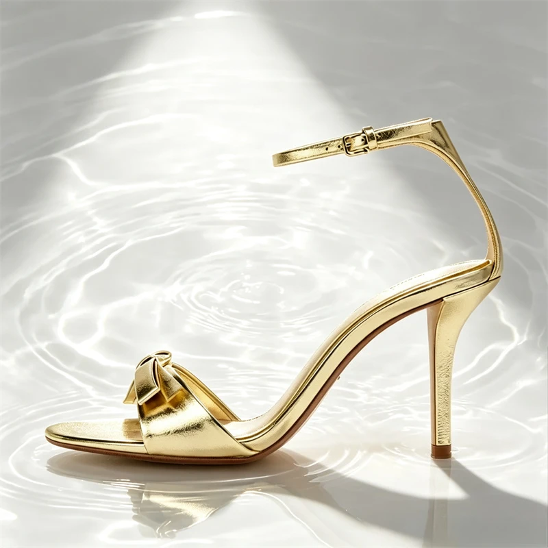 Elegant Golden Bow Brand High Heeled Sandals Women Summer Sexy Open Toe Ankle Buckle Designer Shoes Fashion Comfort Dress Shoes view 4