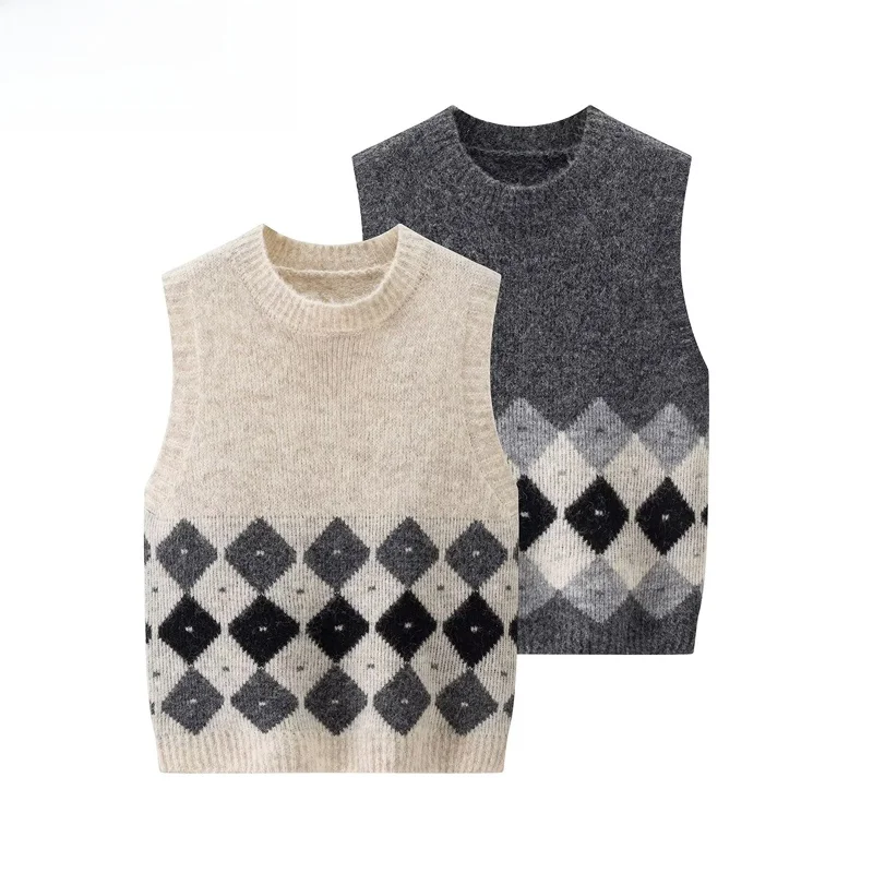

ZBZR Spring New Women's Faion Plaid Knitted Vest Loose Svel Outerwear round Ne Commute Sle Polyester Fiber