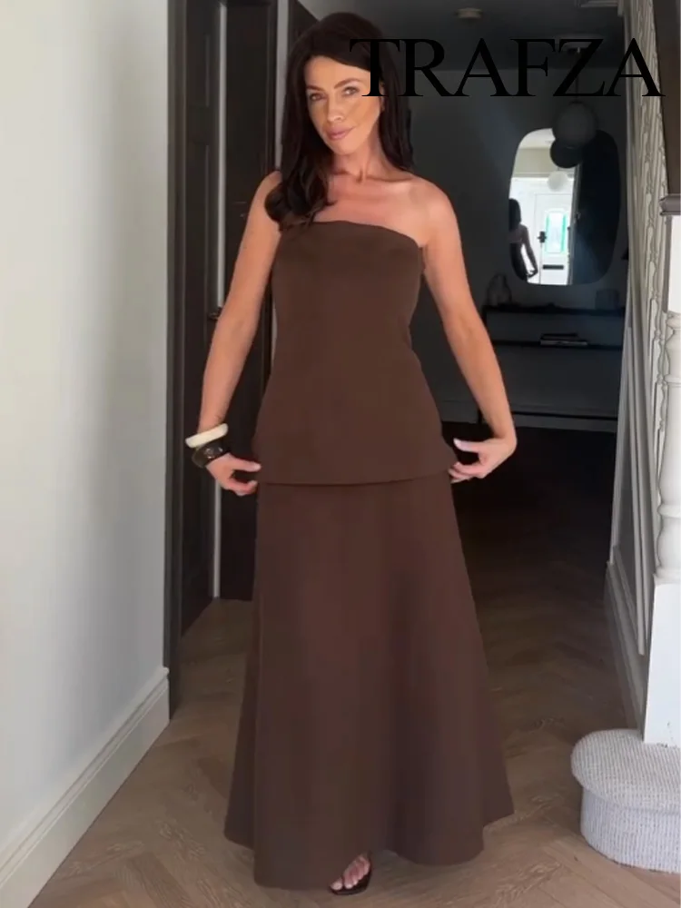 

TRAFZA 2025 Woman Solid Strap-off Shoulder Straight Collar Midi Dress Summer Women Elegant Zipper Sleeveless Holiday Style Dress