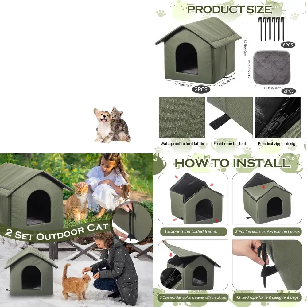 

Двойной уличный домик для кошек с самонагревающимся ковриком, водонепроницаемый убежище для бездомных животных 15.8, теплая лежанка для питомцев с колышками (зеленый)