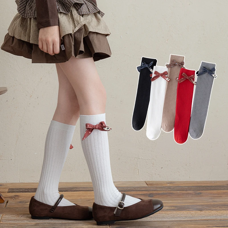 Spring Autumn Princess‑Style Mid‑Calf Socks For Children Sweet Heart Fabric Tag Bow Decor Skin‑Friendly Stretch Cotton Stockings
