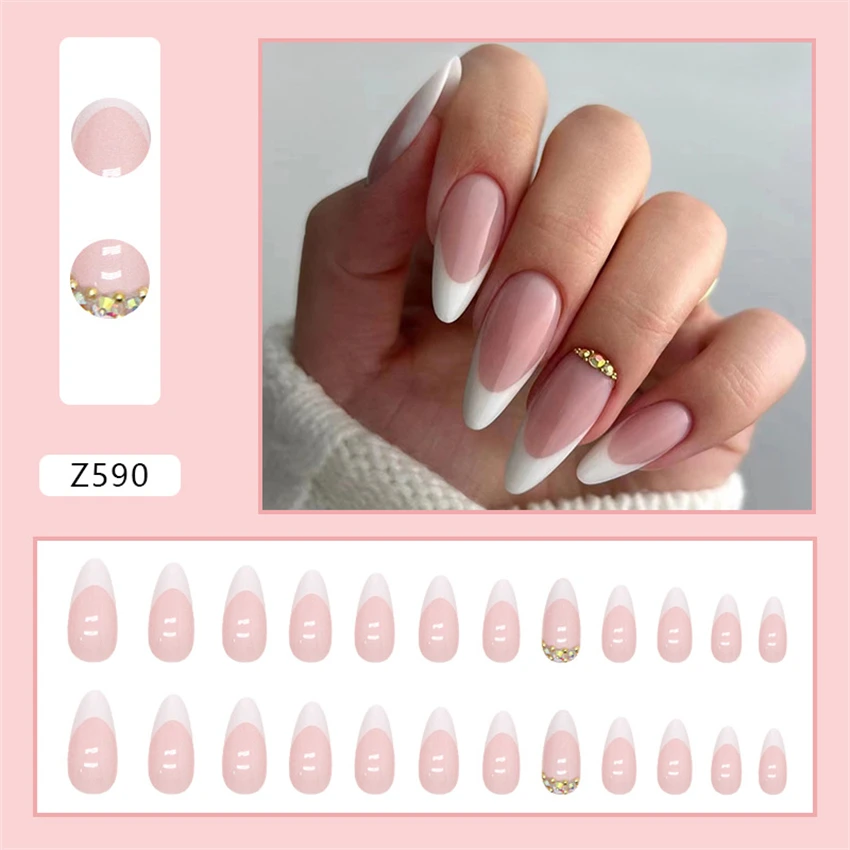 24Pcs/Set Medium Long Almond Fake Nails with Diamonds White Edge Oval Shiny Artificial Removable Reusable Press on Acrylic Nails