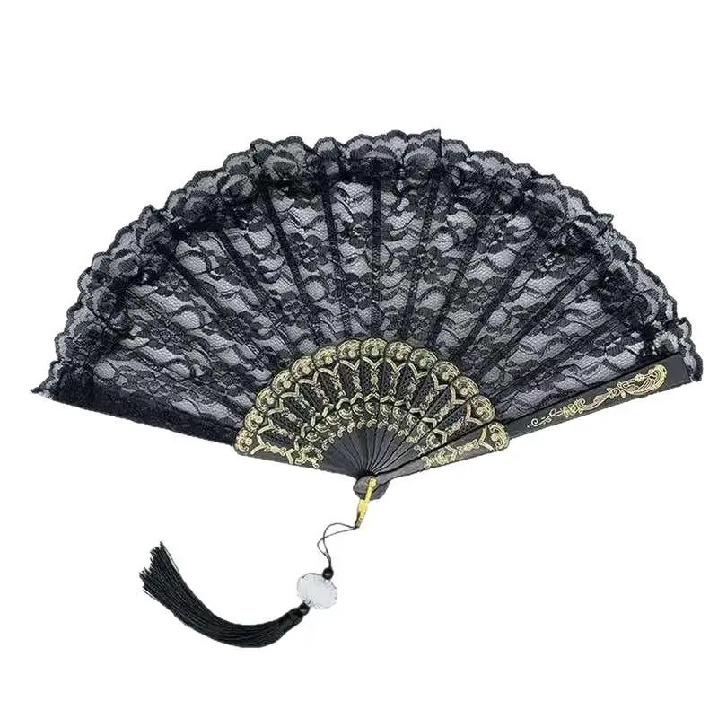 Lace Folding Hand Fan With Tassel Vintage Hollow Handheld Fan Lightweight Elegant Fan For Lolita Wedding Cosplay Photo Props