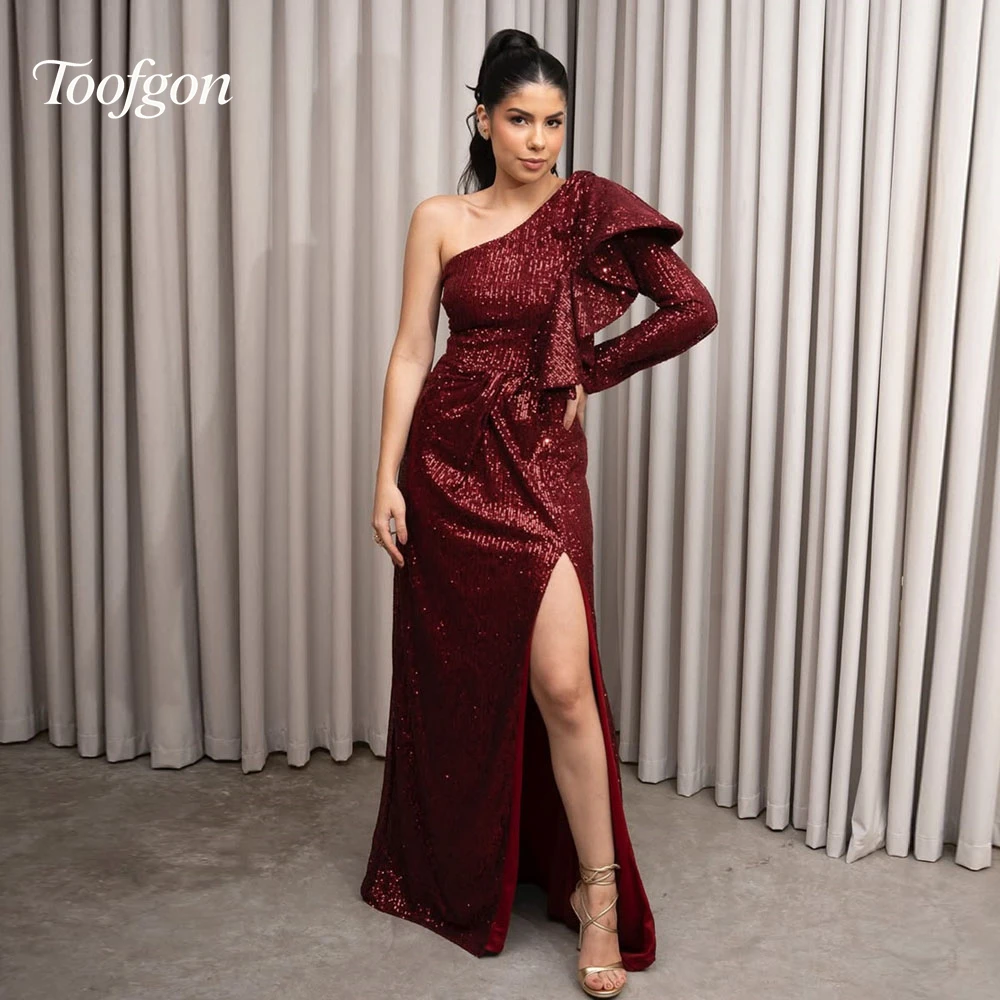 

Toofgon Sparkly Sequins Lace Mermaid Prom Dresses Customized One Shoulder High Slit Formal Party Evening Dress Birthday Wear