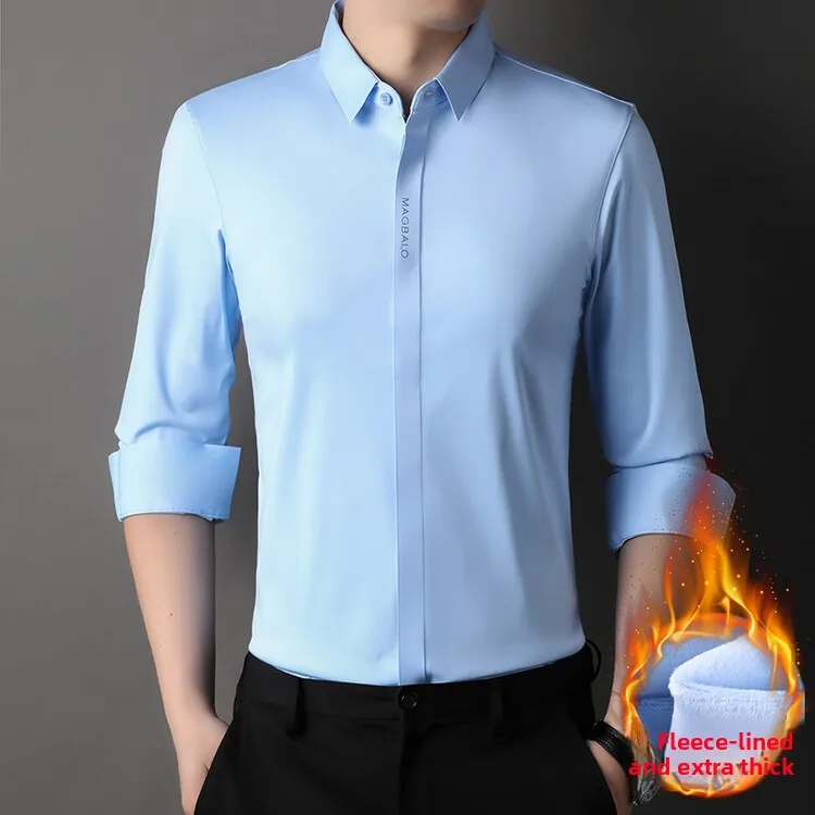 

New Winter Thiened Fce Long Sve Men's Casual irt Busin Casual Iron-Free k Button White irt Trendy PU Leather