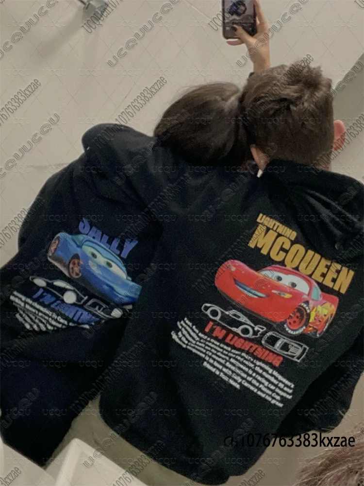 أنا البرق ماكوين وأنا سالي طباعة الأزواج هوديس للنساء الرجال سالي وماكوين الشتاء قلنسوة من القطن Y2K الشارع رداء علوي غير رسمي #1