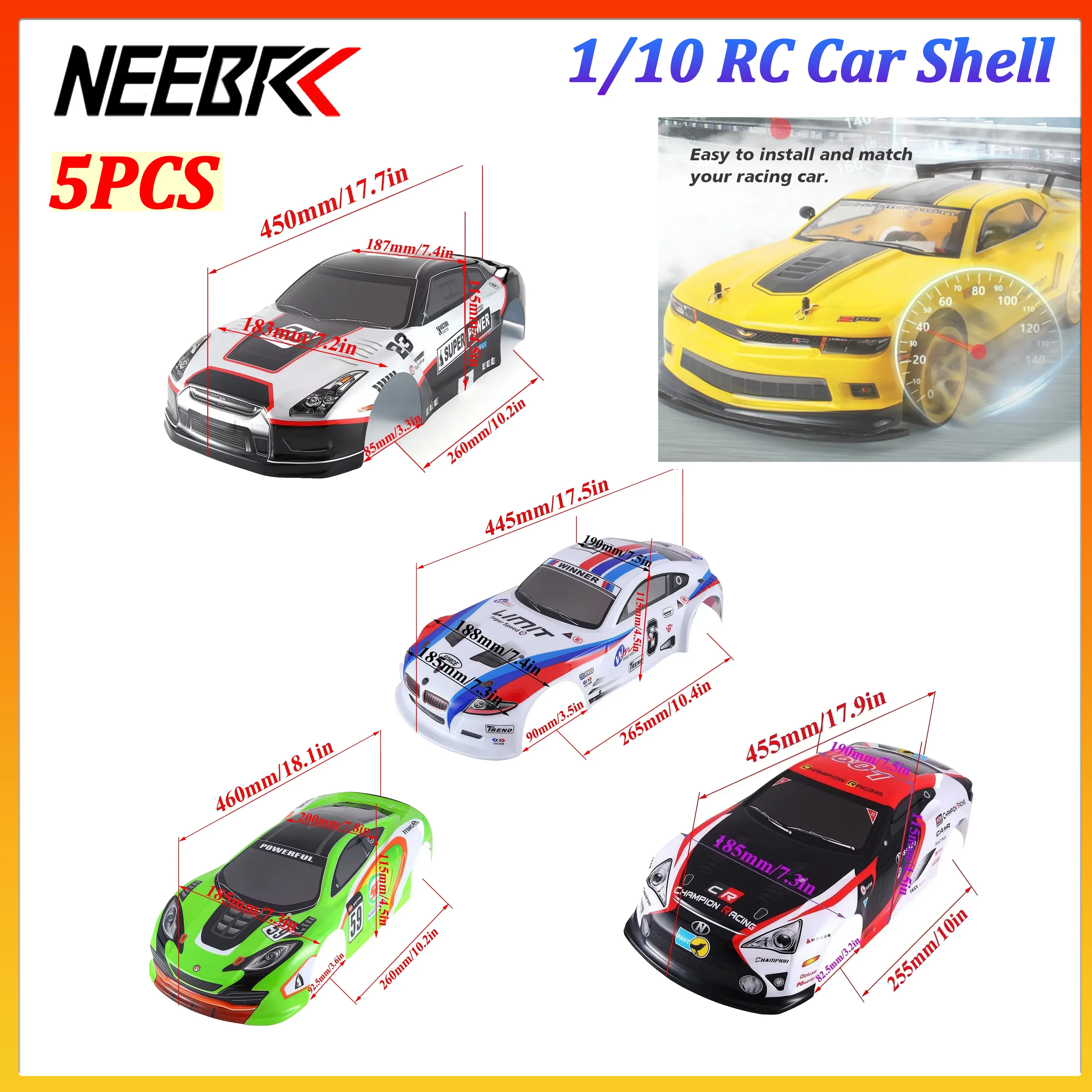 5PCS NEEBRC 1/10 RC Car Shell Painted Body 195/190mm Width PVC Cover for 1:10 Body Racing Drift Touring HSP Yokomo HPI ZD TAMIYA