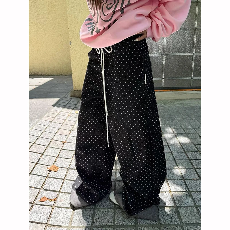 

ZHIZOU Women Black Gothic Y2k Baggy Jeans Harajuku Vintage Polka Dot Denim Trousers Japanese 2000s Style Oversize Jeans Pants