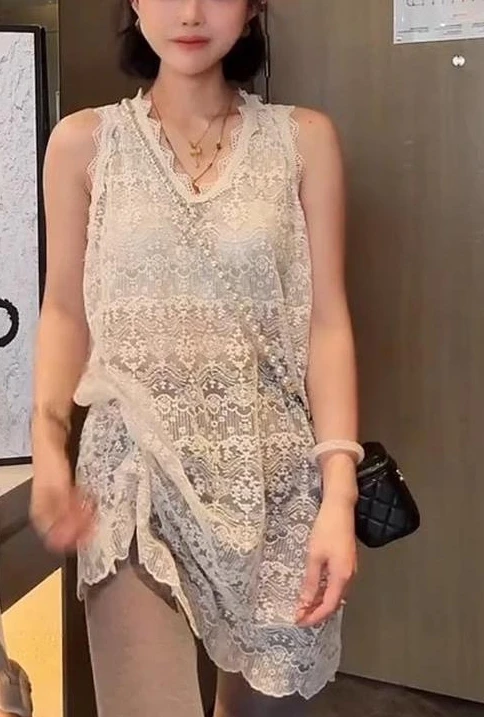 여성용 v 넥 투명 베이지 레이스 드레스 여름 빈티지 시스루 미디 탱크 드레스 Boho Cover Up 민소매 쉬어 메쉬 드레스