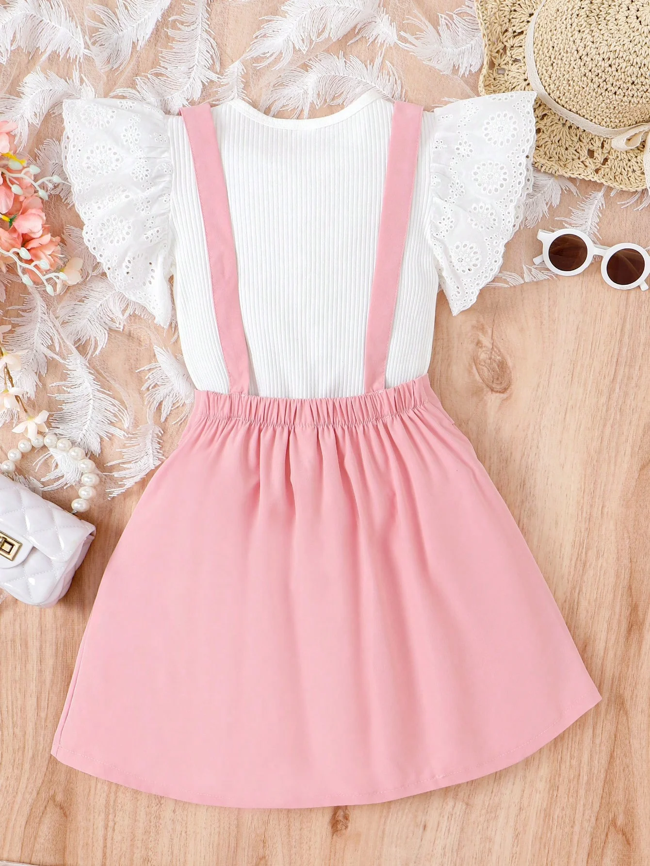 Girls' Sweet Spring Summer White Ruffled Flutter Sleeve Top + Camisole Pleated Dress Two-Piece Set