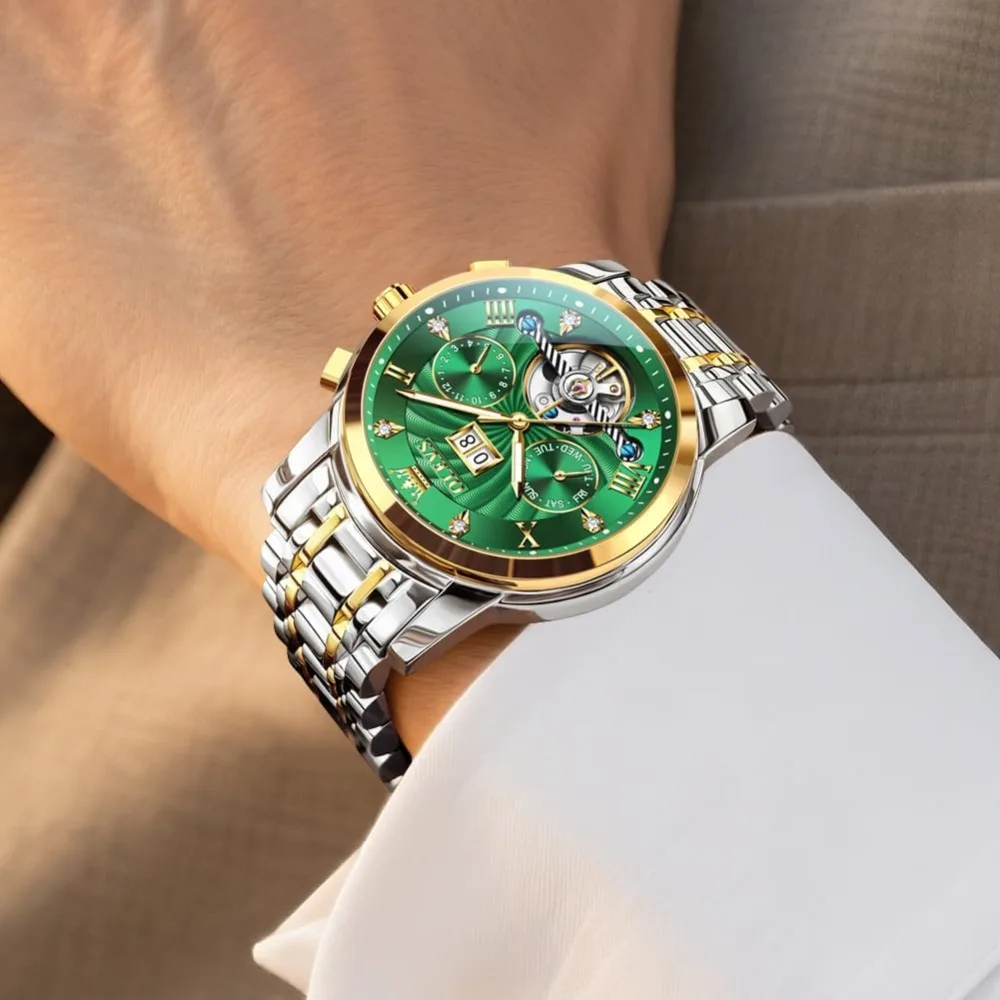 Analog Quartz Luxury Diamond Waterproof Chronograph Stainless Steel Big Face Square Date Moon Phase Roman Numeral Dress Men's Watch