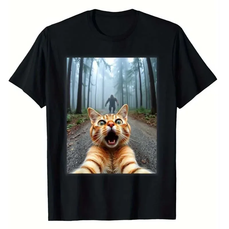 Men's Funny Cat Shirt Selfie Sasquatch Graphic Tee Crew Neck T-Shirt Mature Style Regular Fit Stretch Summer T Shirt