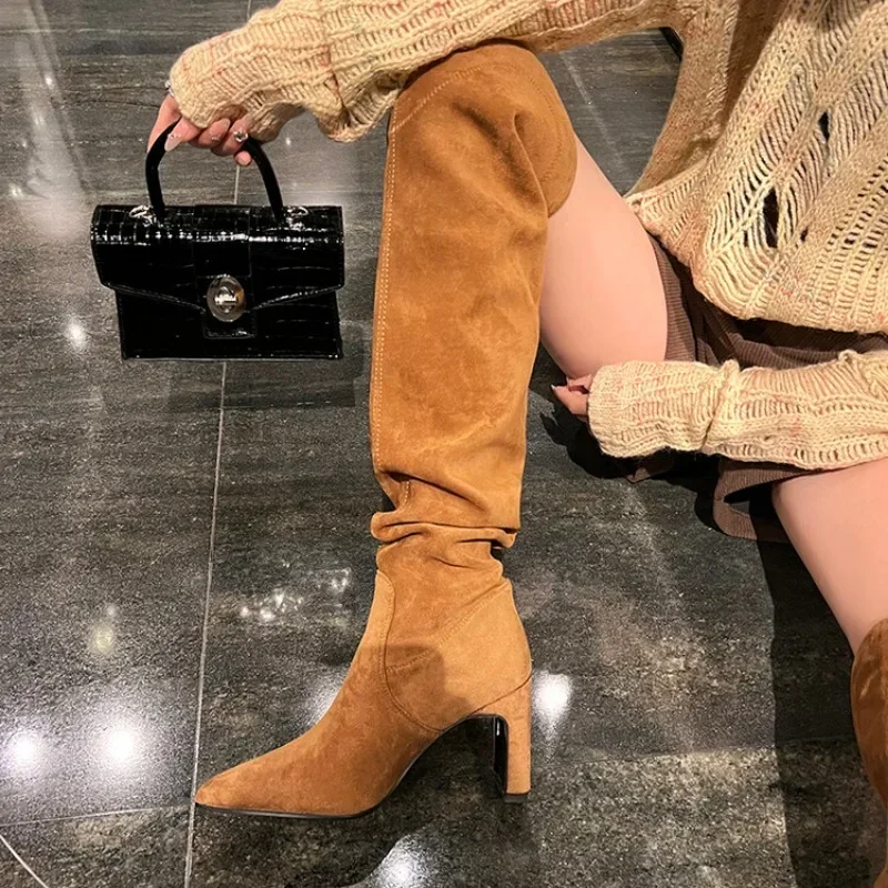 Black Caramel Colored Pleated Lazy Knee High Boots Spicy Girls High Heels Fashionable Large Circumference Long Boots Size 34-42