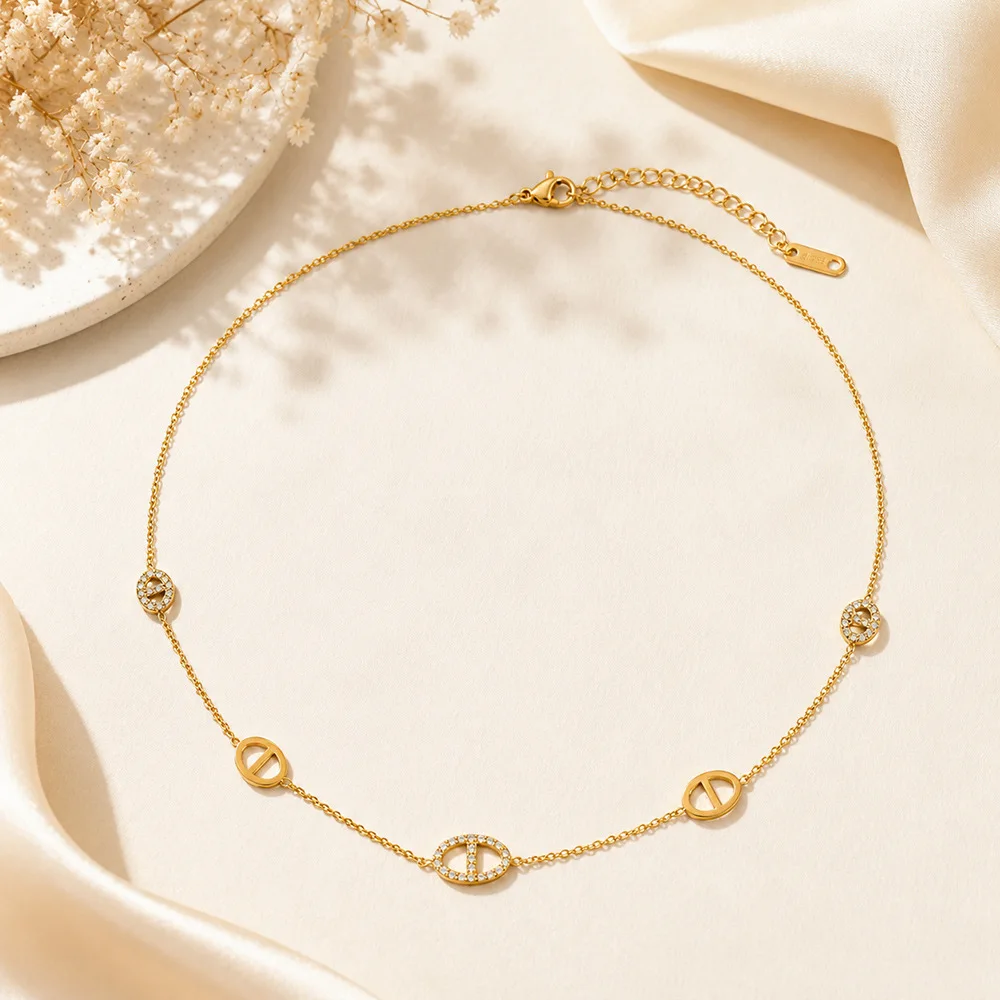 Women's 18k Gold Plated Multi Pig Nose Necklace Bracelet Set