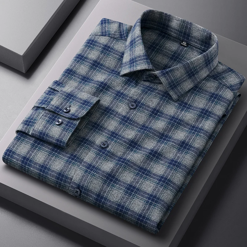 Camicia in puro cotone 100% Camicia a quadri da uomo Manica lunga Regular Fit Uomo Casual morbida e confortevole Flanella Camicie sociali Abbigliamento uomo