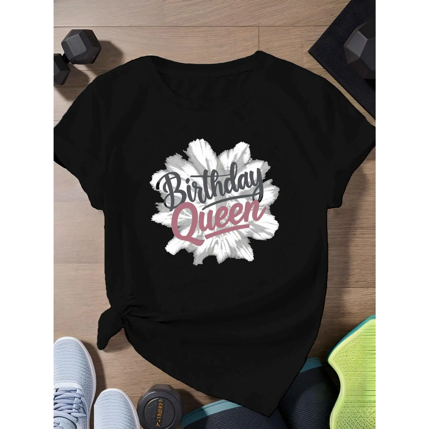 

Birthday Queen Plus Size Women's T-Shirt - Casual Short Sleeve, Crew Neck, Geometric Print, Polyester Blend, Machine Washable
