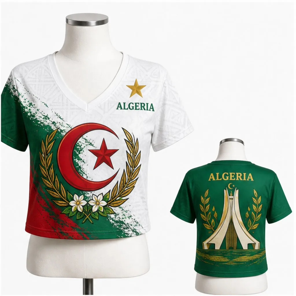 Womens V Neck Cropped Tee Algeria Floral Crescent Graphic Short Sleeve Summer Casual Top With Monument Back Design Vacation Wear