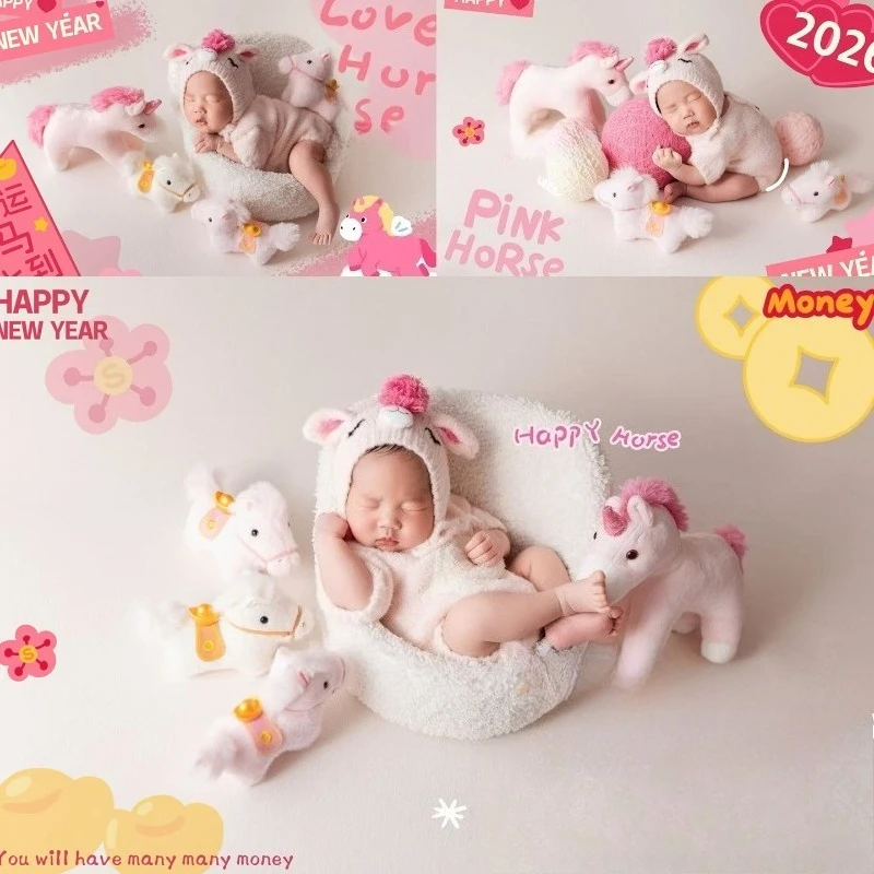 

Newborn Photography Props 2026 New Year Horse Theme Set Pink Outfit Blanket Pink Horses Doll for Baby Studio Decor Photoshoot