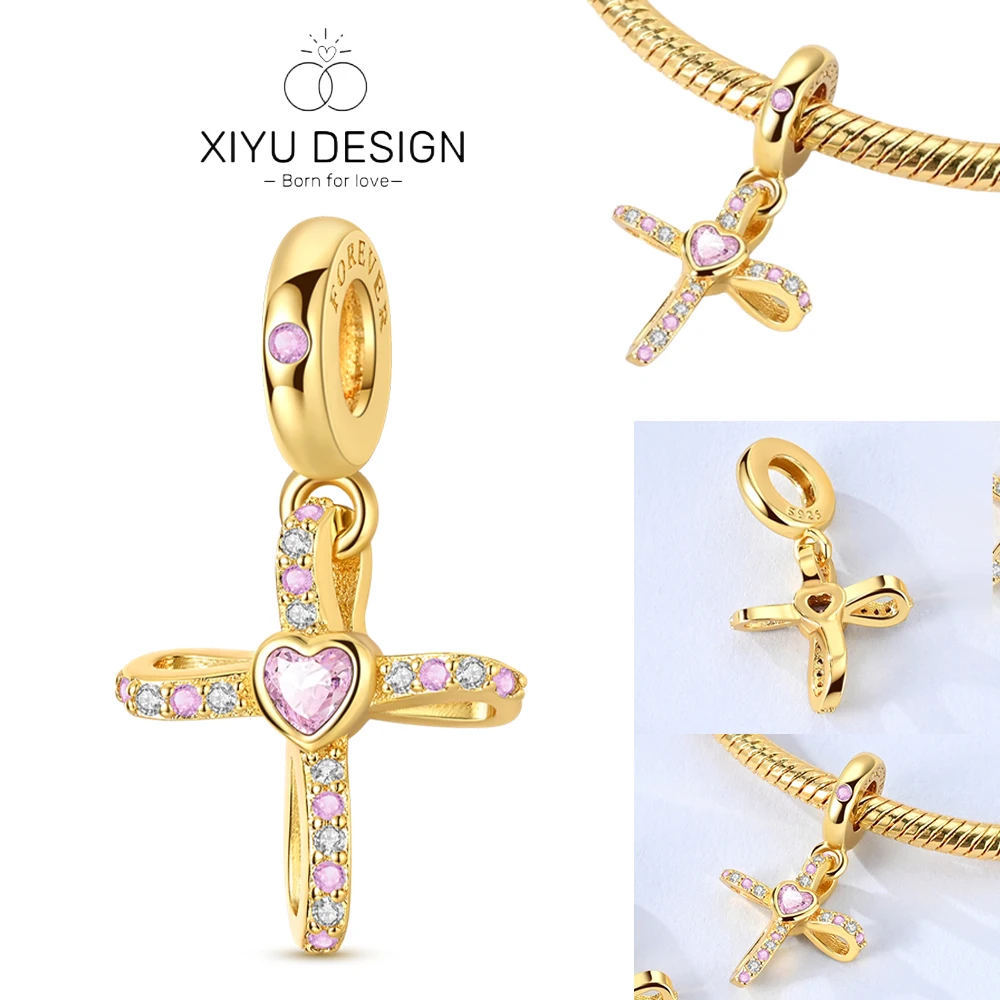 925 الفضة الذهبي الصليب الوردي الزركونيوم قلادة مصممة الخرز الأصلي لصنع المجوهرات سحر سوار قلادة المرأة هدية