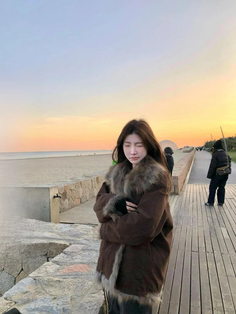 

Ретро двустороннее пальто с воротником из искусственного меха, зимнее, повседневное, универсальное, теплое, женское, модное, свободного кроя, с длинными рукавами