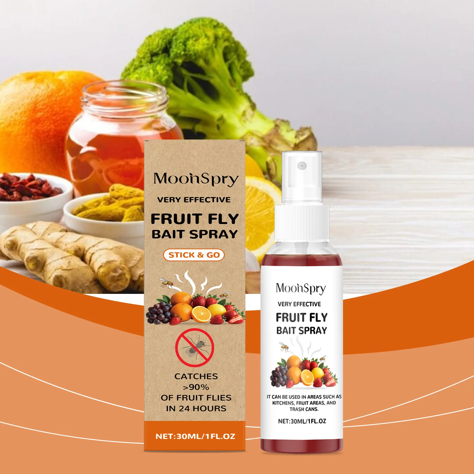3 pezzi MOONSPRY Drosophila Bait Spray -Formula di fruttosio Sorbitolo -Captura quotidiana efficace -Per la cucina domestica Controllo della mosca della frutta