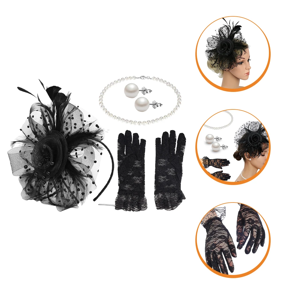 

Pearl Headb Black Lace Gloves Tea Tea Party Hat For Fascinator Hat Women Party Bridal Shower Women Hair Jewelry Set