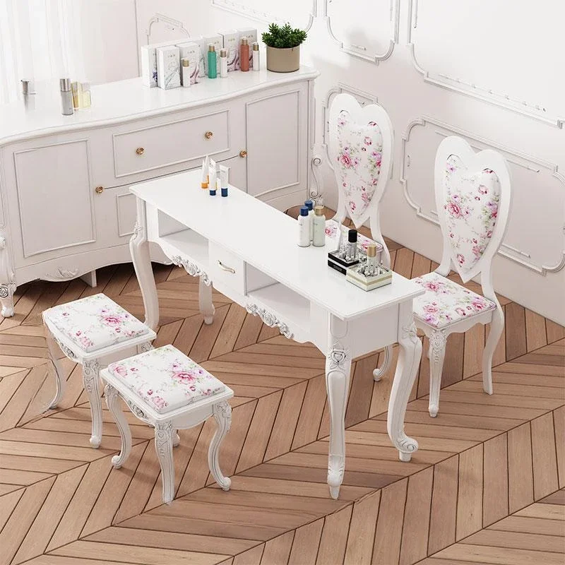 Creative Painted Nail Tables for Nail Salon Solid Wood Double Elegant Pattern Manicure European Unique for Bedroom