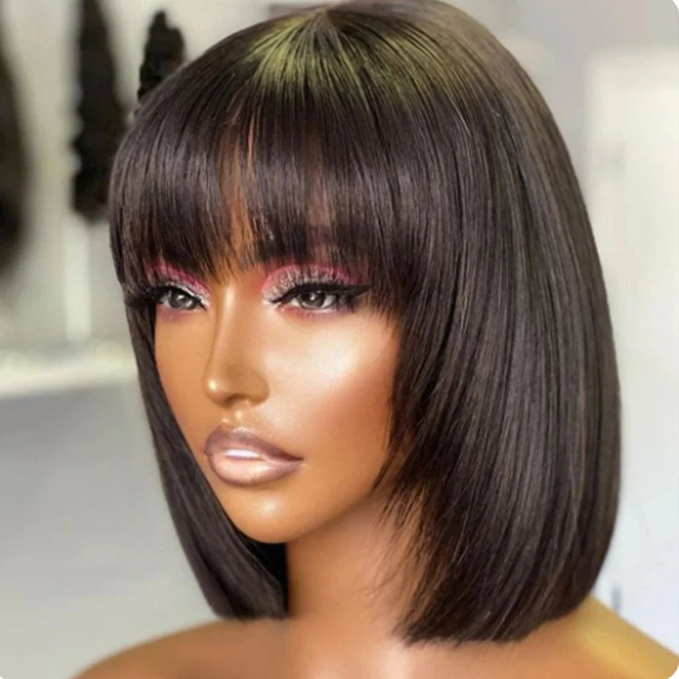 Straight Bob 100% Human Hair Wigs With Bangs For Women Full Machine Made Wigs Brazilian Remy Short Human Hair Bob Wig Fringe Wig