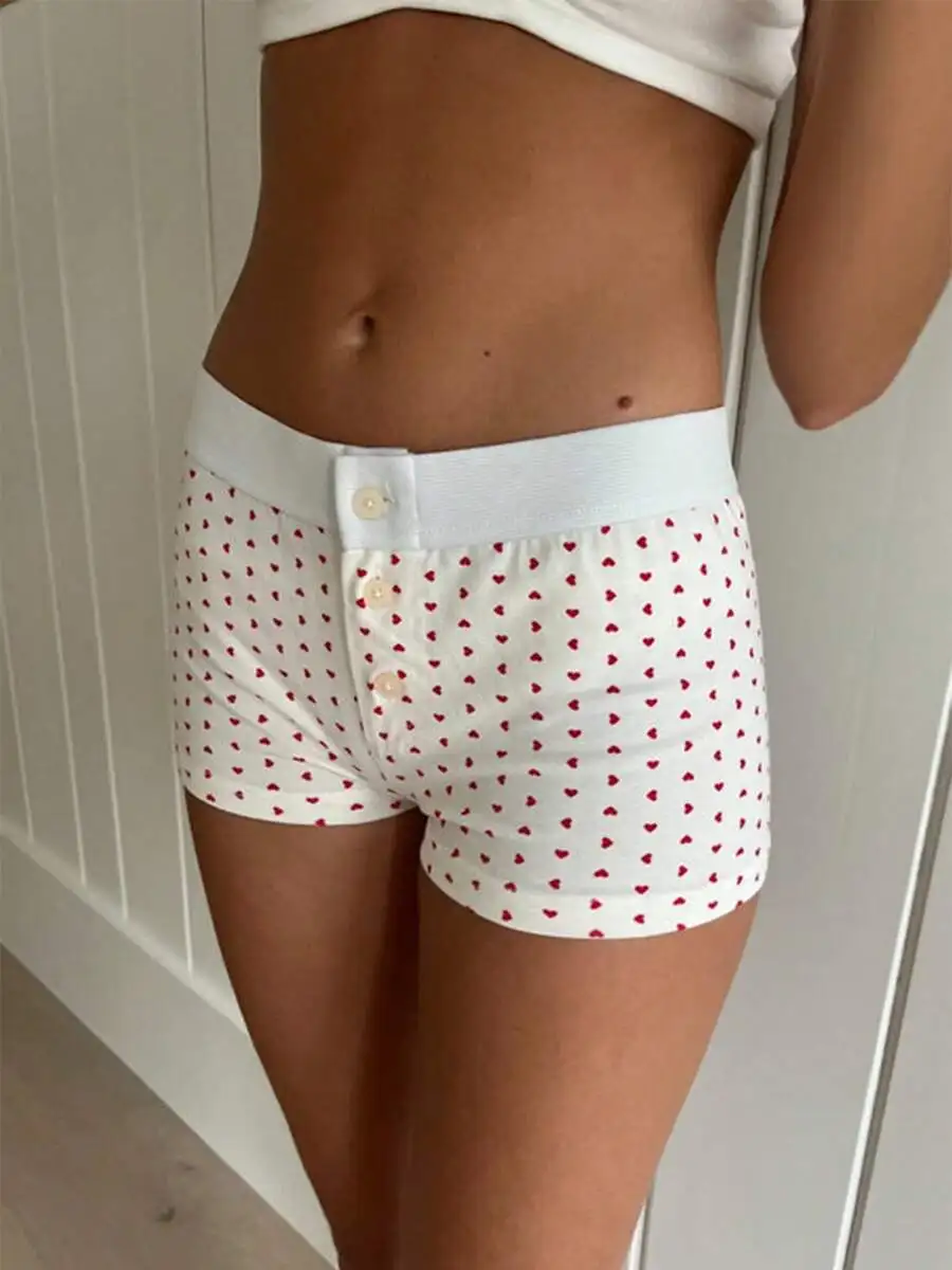 Women Low Waist Button Closure Heart Print Lounge Shorts Sleepwear