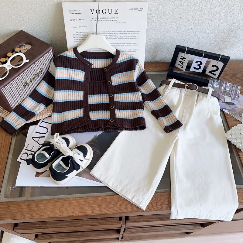 

Children's Knitted Striped Sweater Jacket New Autumn Girls Korean Style Casual Pencil Pants Belt Delivery