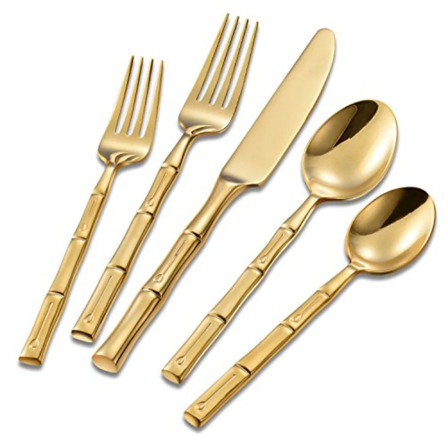 

Flatware Set Gold Silverware Set with Bamboo Pattern Mirror Polished 20 Pieces Cutlery Set Housewarming Wedding Gift Service fo